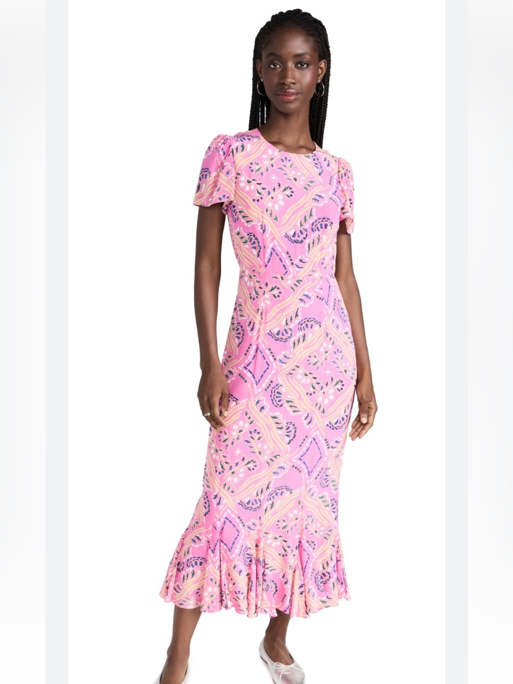 Rhode Lulani Pink Printed Short-Sleeve Midi Dress. Size 6.